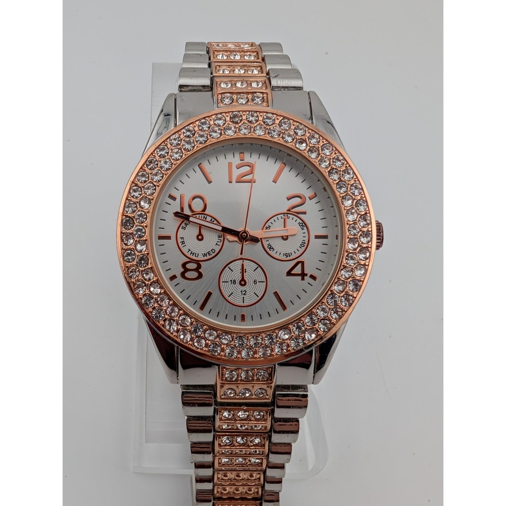 Accutime Watch Women 38mm Case Rose Gold & Silver 7"‎ Band- New Battery